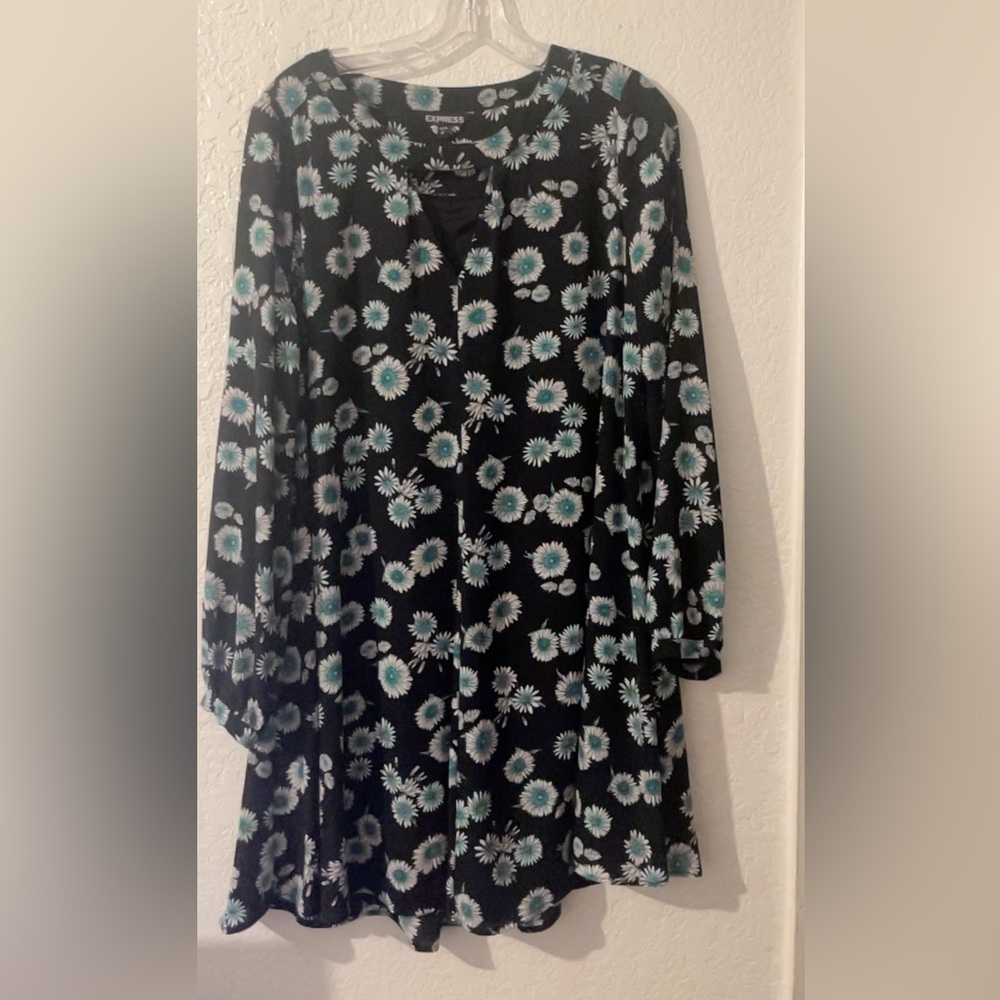 Express Black Blouse with Blue Floral Design